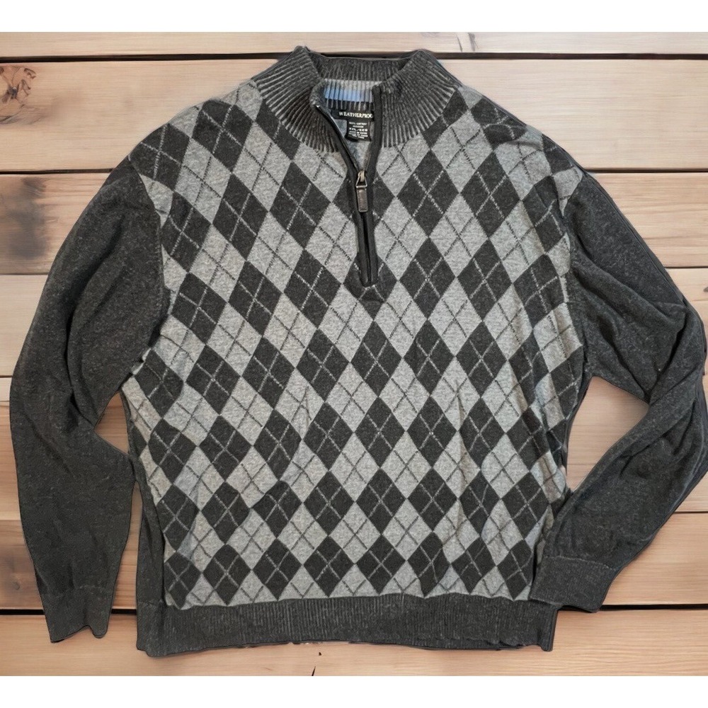 Vtg Weatherproof Grandpa Sweater Qtr Zip Gray Argyle L  Dark Academia Old Money‎
